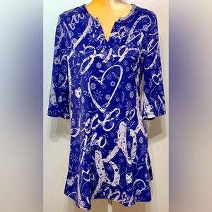 Lily by Firmiana V-Neck Love You Script Tunic Top Dress Blue and White Hearts